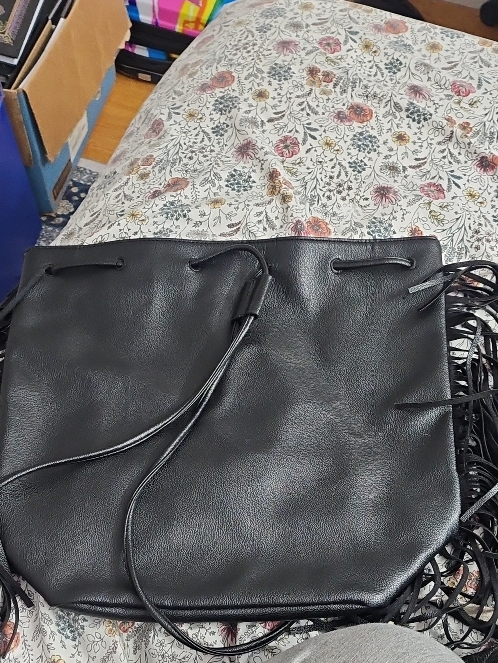 Victoria's Secret Black Fringe Drawstring Shoulder Tote